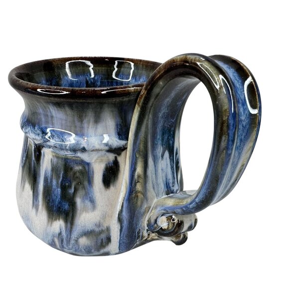 Hand Thrown‎ Pottery Mug Oversized Sculpted Handle Blue & Black Drip Glaze 16 Oz - Picture 13 of 13